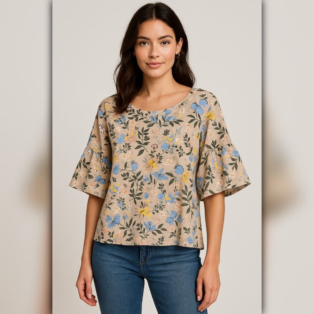 A354 • Garden Bloom Ruffle Sleeve Linen Top